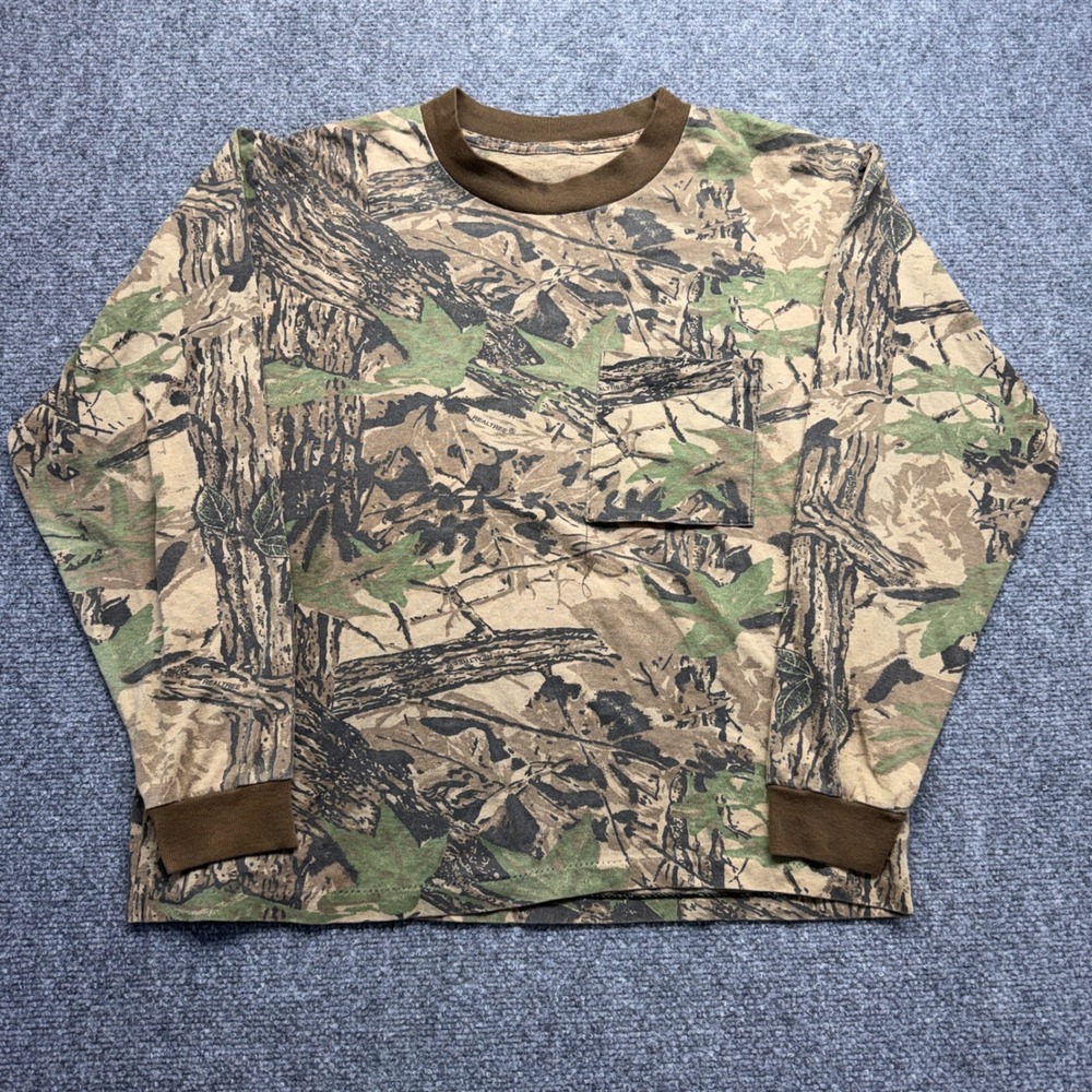 Realtree Camouflage Long Sleeve Pocket T-Shirt Mens Brown Green Forest Camo 90s
